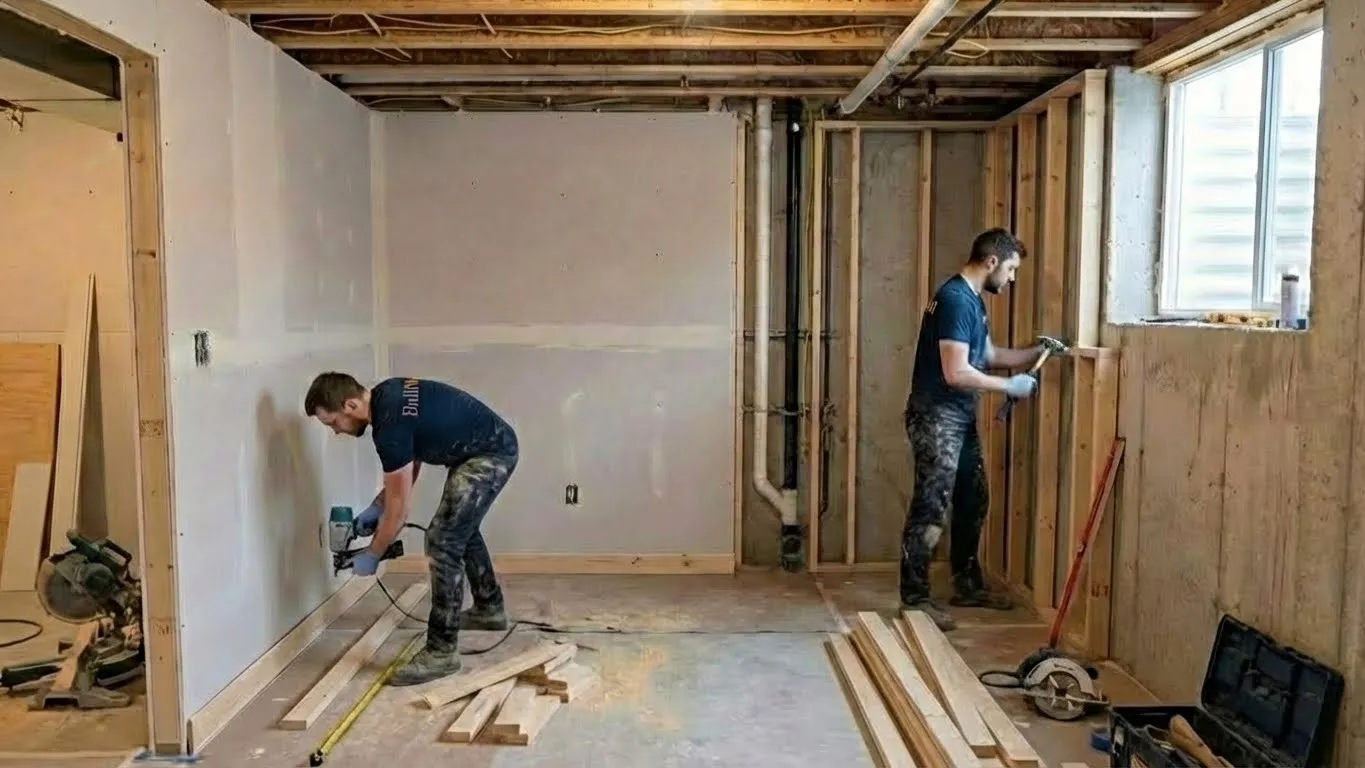 BuiltWell CT basement finishing project in Darien Connecticut with egress window and full lighting